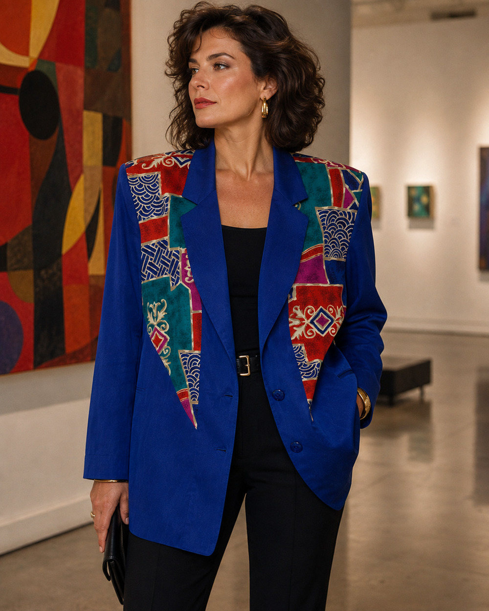 Vintage 80s City Girl Nancy Bolen M Blue Abstract Print Maximalist Blazer Jacket